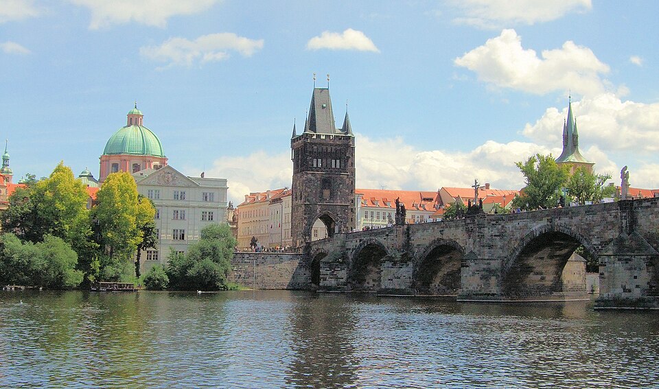 The Charles Bridge, a famous historical bridge that crosses the Vltava river in Prague